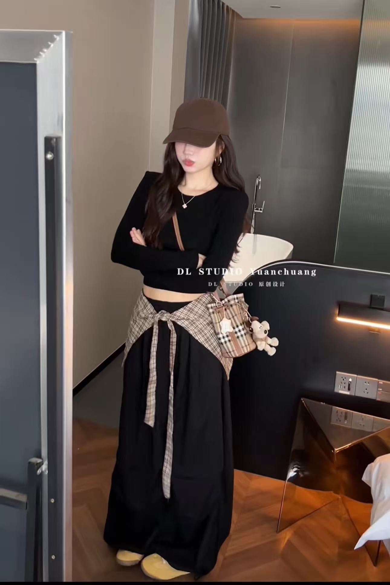 새로운 한국 스타일 패션 핫걸 다용도 쇼트 스타일 맨위 레이스업 방귀 커튼 허리밴드 와이드 레그 팬츠 3종 세트 상세 이미지 1