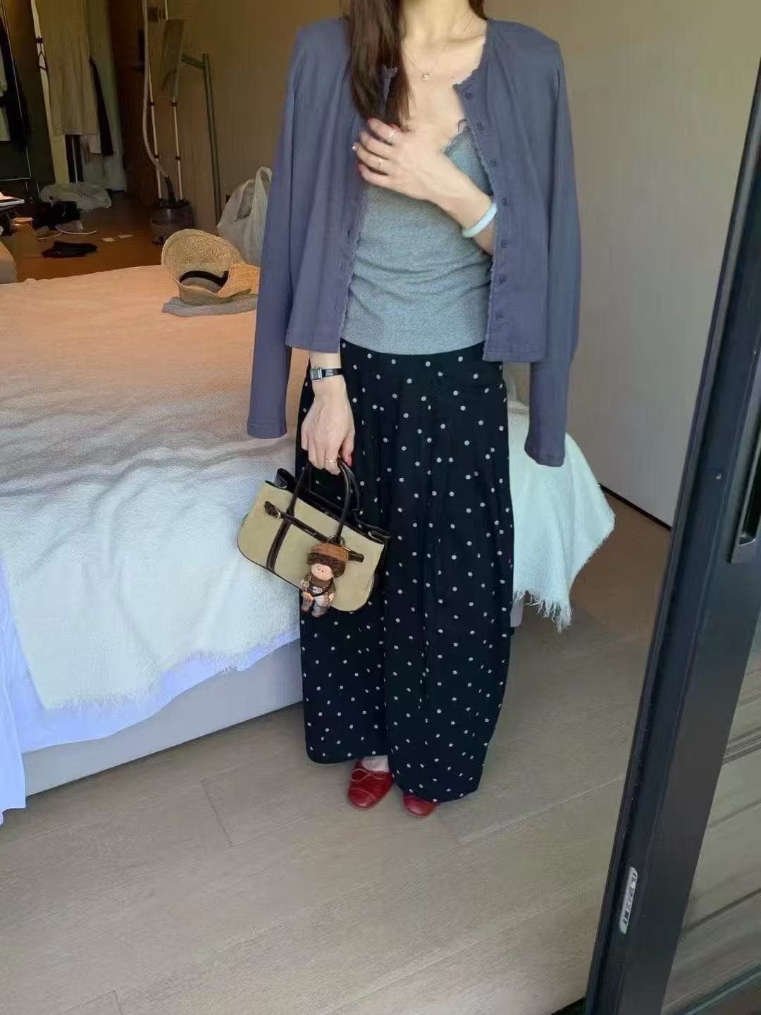 새로운 패션 미니멀리즘 자외선 차단 오픈 가디건 레이스 조각 슬립 허리밴드 도트 무늬 캐주얼 바지 3종 세트 상세 이미지 1