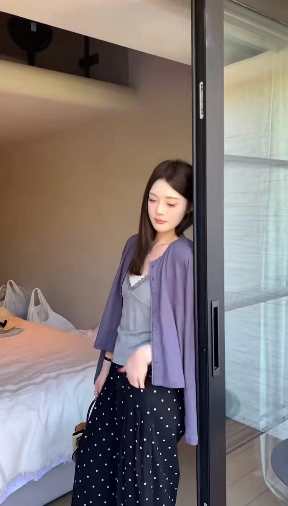 새로운 패션 미니멀리즘 자외선 차단 오픈 가디건 레이스 조각 슬립 허리밴드 도트 무늬 캐주얼 바지 3종 세트 상세 이미지 3