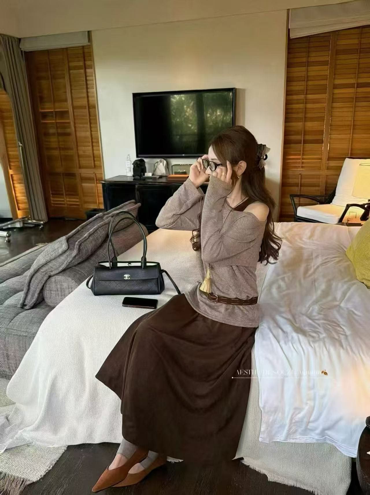 새로운 아메리칸 레트로 불모지 바람 패치워크 오프숄더 맨위 허리밴드 반신 스커트 벨트 3 세트 상세 이미지 1