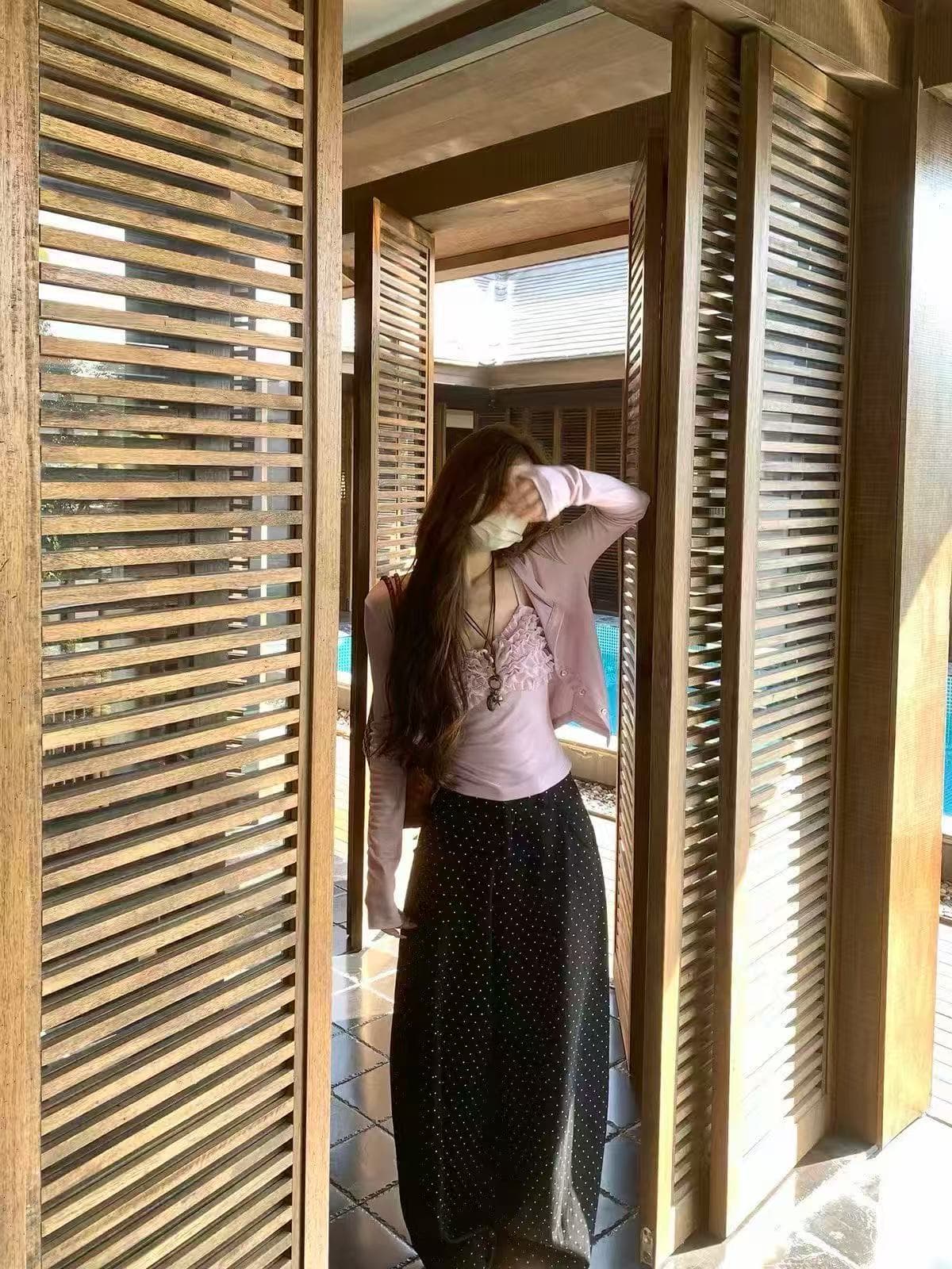 새로운 달콤함 핫걸 바람 미니멀리즘 오픈 가디건 레이스 슬립 허리밴드 도트 무늬 캐주얼 바지 3 세트 상세 이미지 5