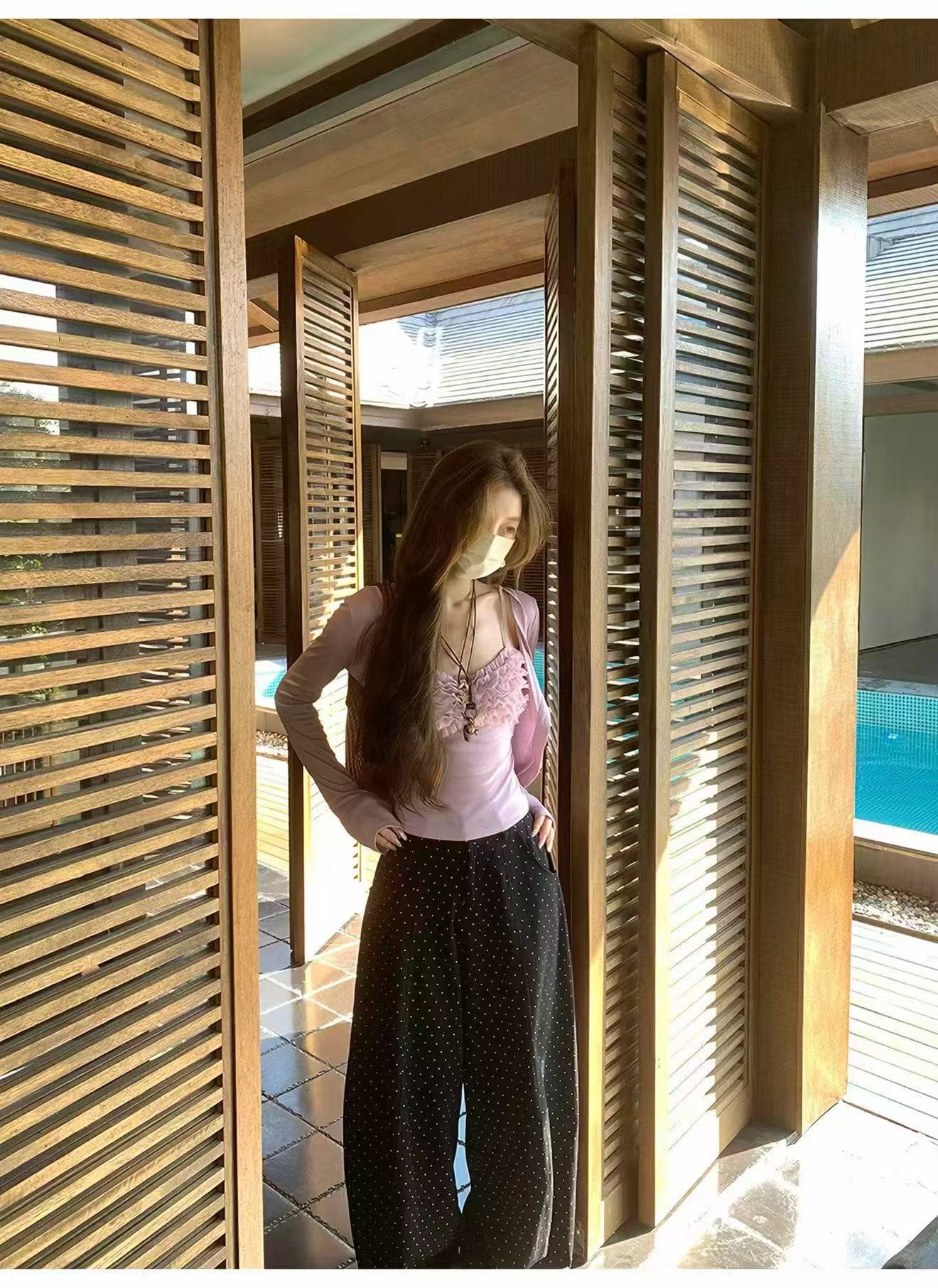 새로운 달콤함 핫걸 바람 미니멀리즘 오픈 가디건 레이스 슬립 허리밴드 도트 무늬 캐주얼 바지 3 세트 상세 이미지 7