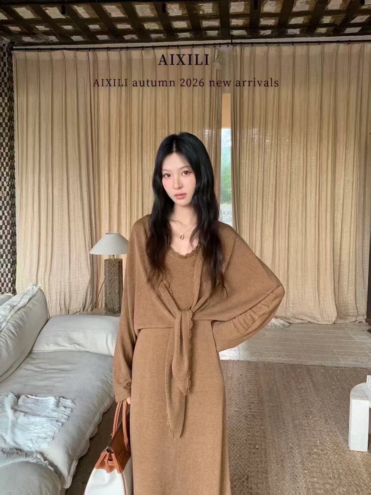 새로운 한국 스타일 패션 레이스 스트랩 오픈 가디건 조끼 원피스 투피스 세트 이미지 3