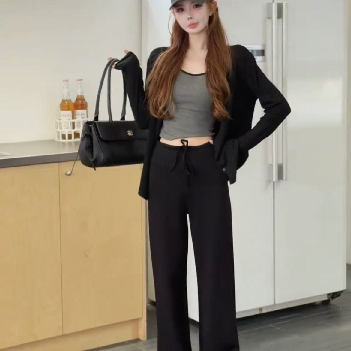 새로운 한국 스타일 패션 달콤한 핫걸 캐미솔 긴팔 오픈 가디건 허리밴드 와이드 레그 팬츠 3종 세트 상세 이미지 5