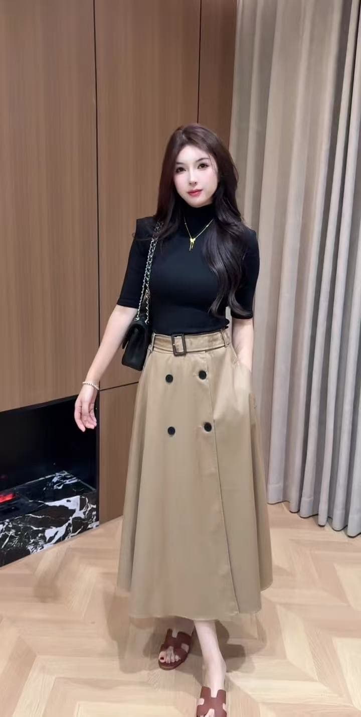 새로운 패션 품격 명문 여성 바람 반소매 기본 셔츠 하이웨이스트 이중 버튼 디자인 대 우산 치마 투피스 세트 이미지 5