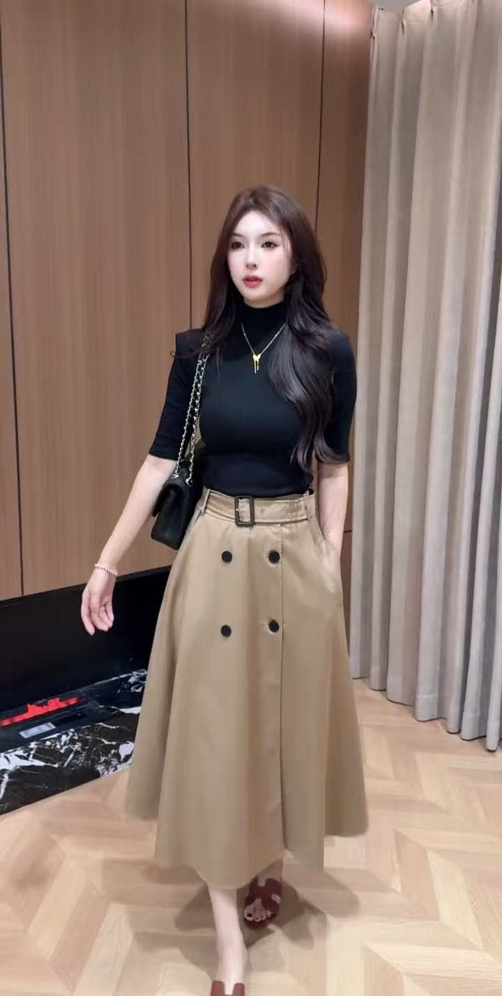 새로운 패션 품격 명문 여성 바람 반소매 기본 셔츠 하이웨이스트 이중 버튼 디자인 대 우산 치마 투피스 세트 상세 이미지 1