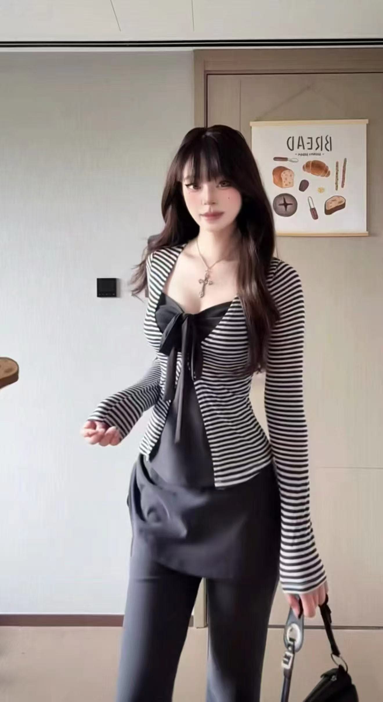 새로운 한국 스타일 패션 긴팔 자외선 차단 오픈 가디건 나비 매듭 슬립 허리밴드 부츠컷 바지 3종 세트 이미지 4