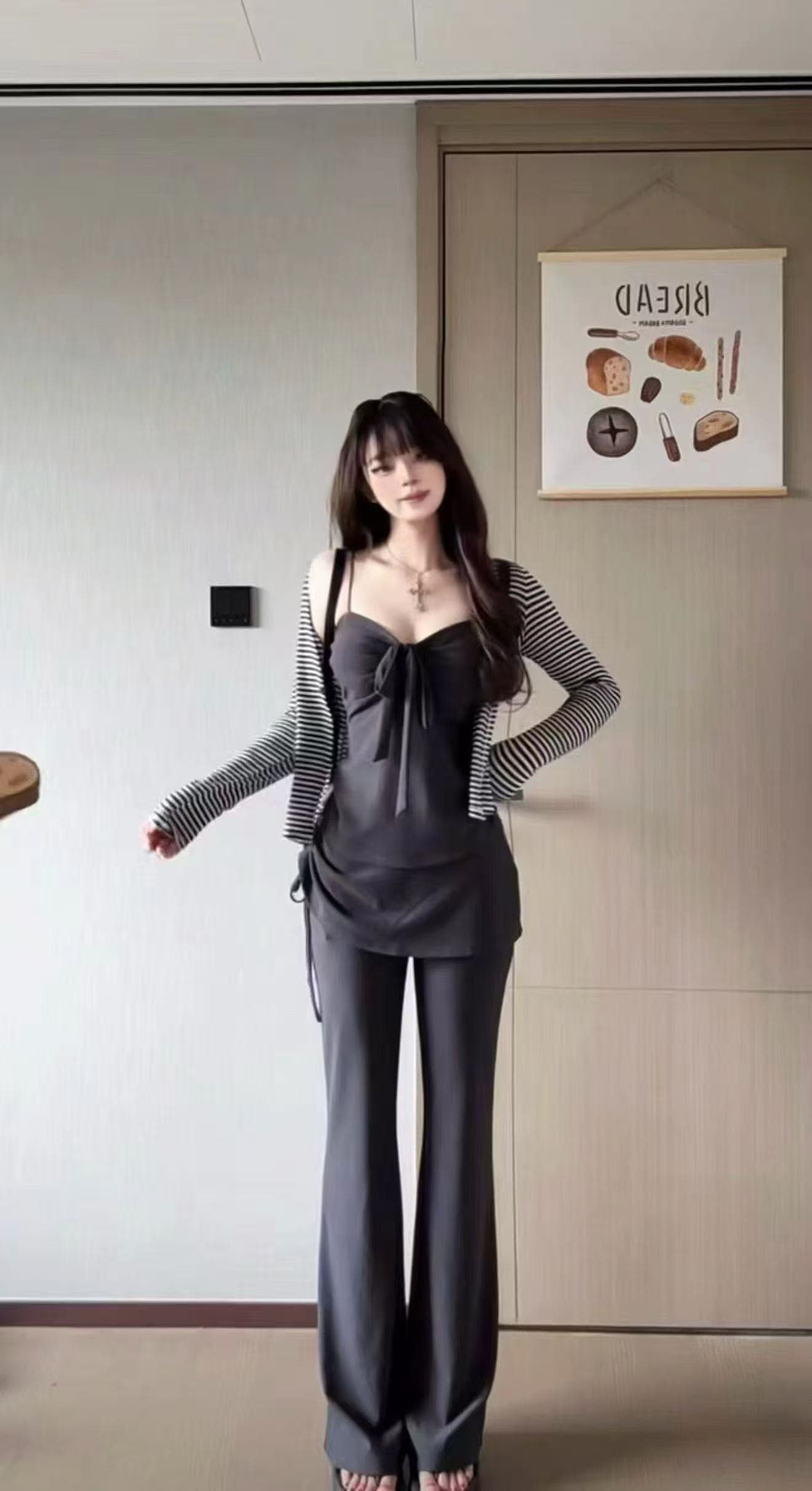 새로운 한국 스타일 패션 긴팔 자외선 차단 오픈 가디건 나비 매듭 슬립 허리밴드 부츠컷 바지 3종 세트 이미지 5