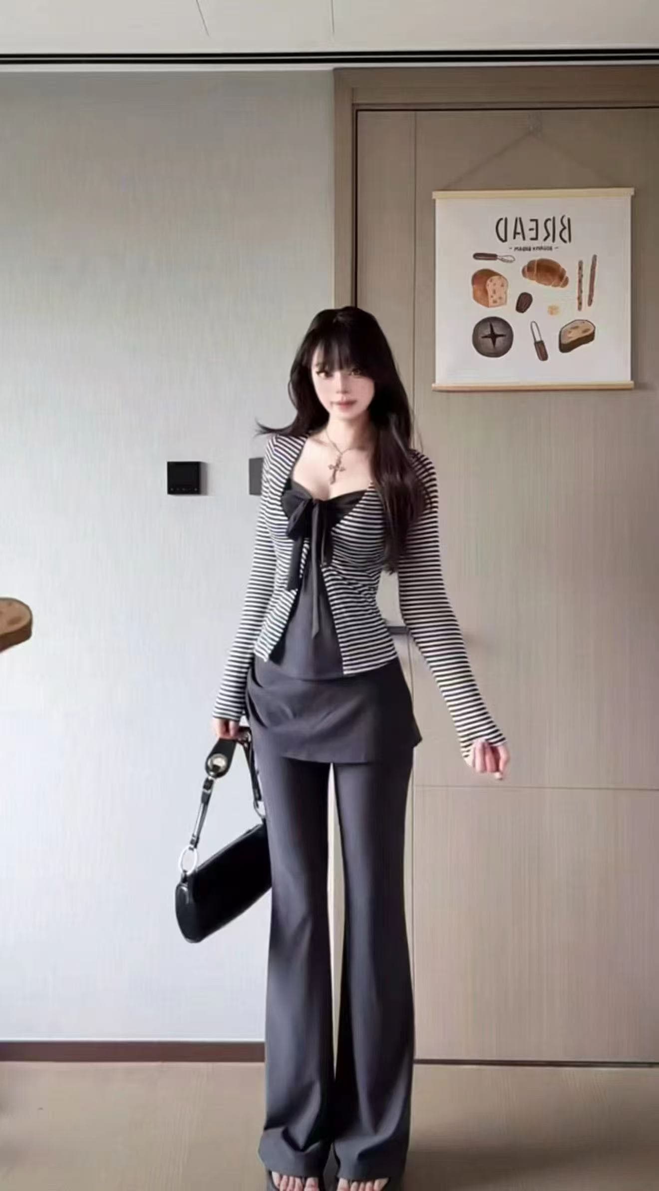 새로운 한국 스타일 패션 긴팔 자외선 차단 오픈 가디건 나비 매듭 슬립 허리밴드 부츠컷 바지 3종 세트 상세 이미지 5