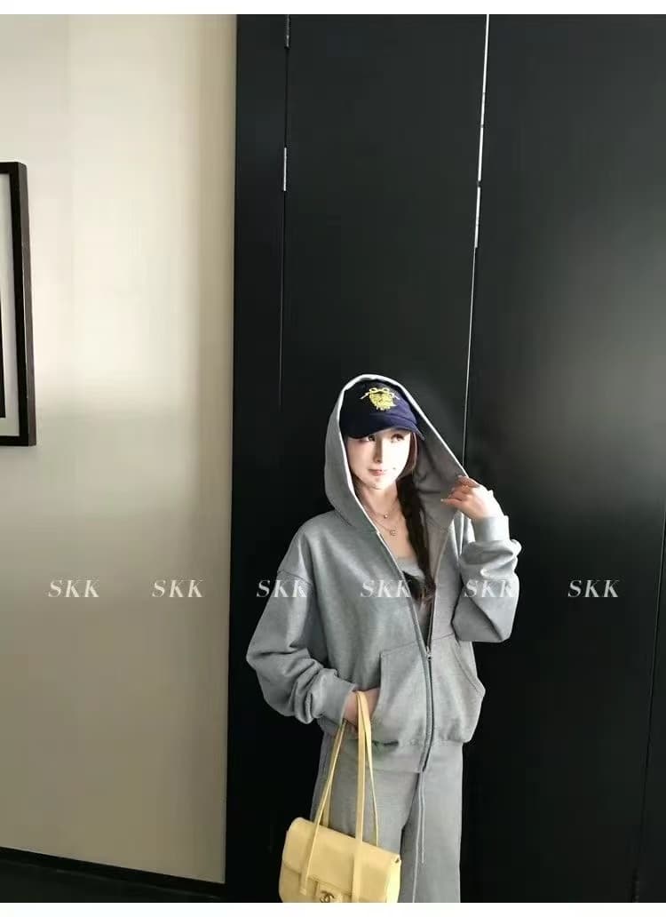새로운 한국 스타일 세련된 캐주얼 운동 후드티 후드 재킷 튜브탑 허리밴드 캐주얼 바지 3 세트 이미지 2