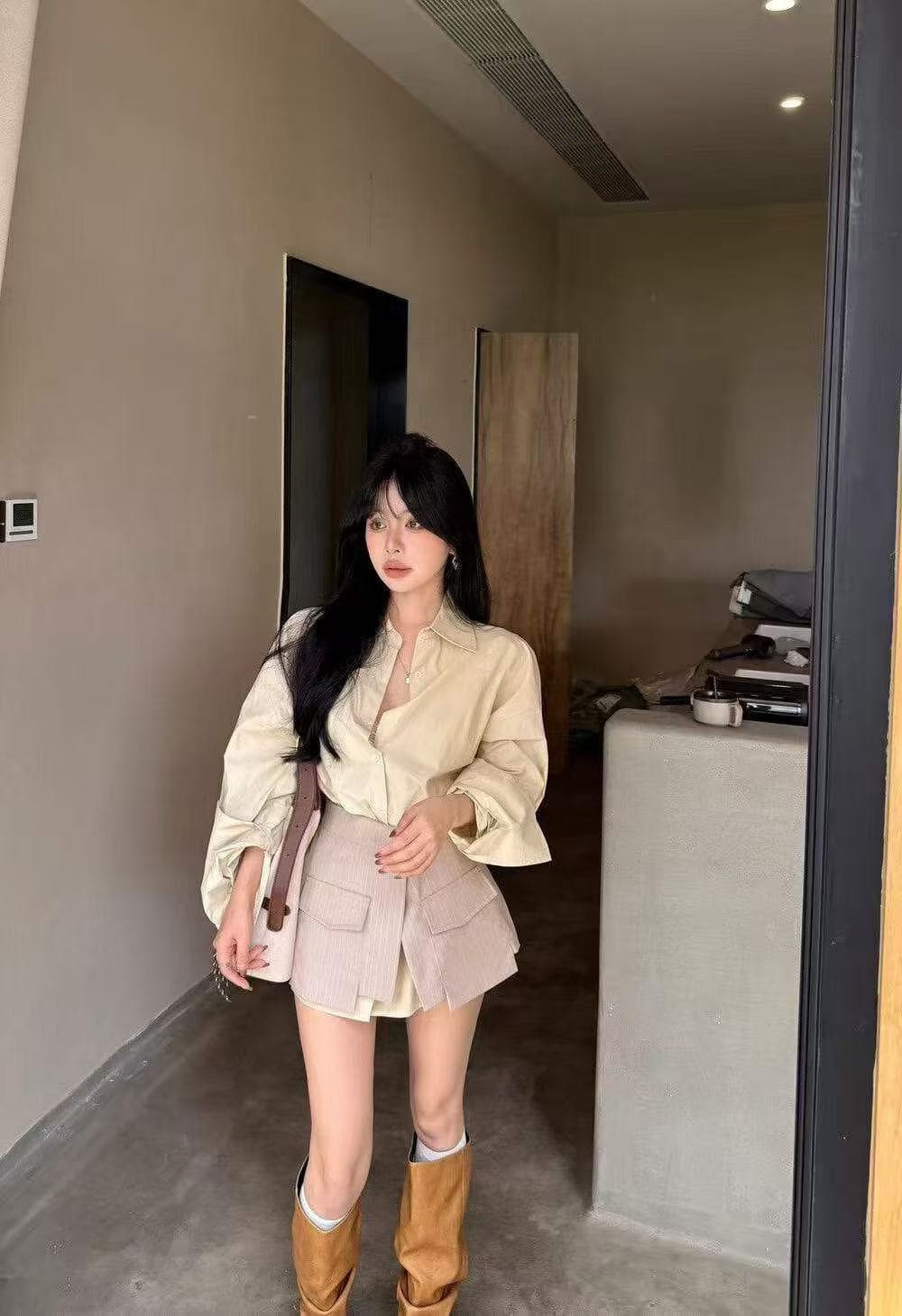 새로운 한국 스타일 패션 싱글 줄 버튼 단색 중간 길이 셔츠 정장 스트라이프 허리 인감 방귀 커튼 투피스 세트 이미지 2