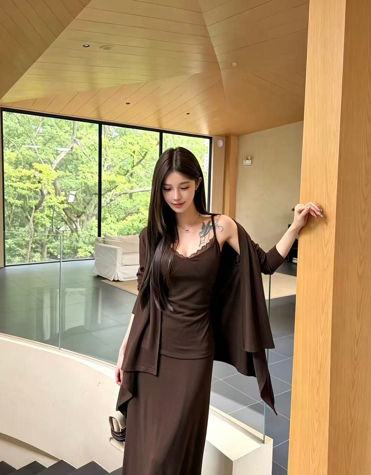 새로운 레트로 느긋한 바람이 아닙니다. 규칙 오픈 가디건 패치워크 레이스 슬립 허리밴드 반신 스커트 3종 세트 상세 이미지 4
