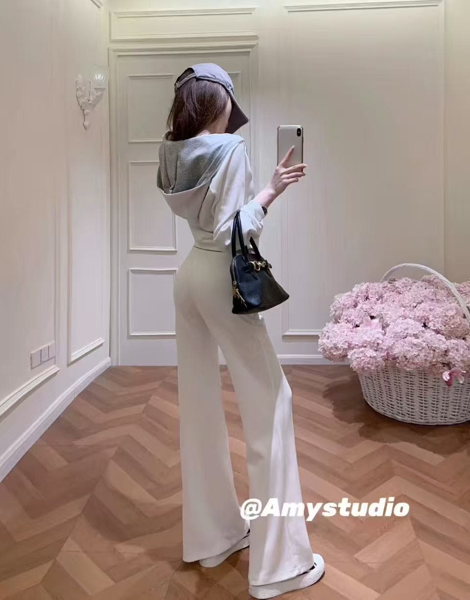 새로운 한국 스타일 패션 배색 후드 오픈 가디건 슬립 허리밴드 패치워크 색상 캐주얼 바지 3 세트 상세 이미지 6