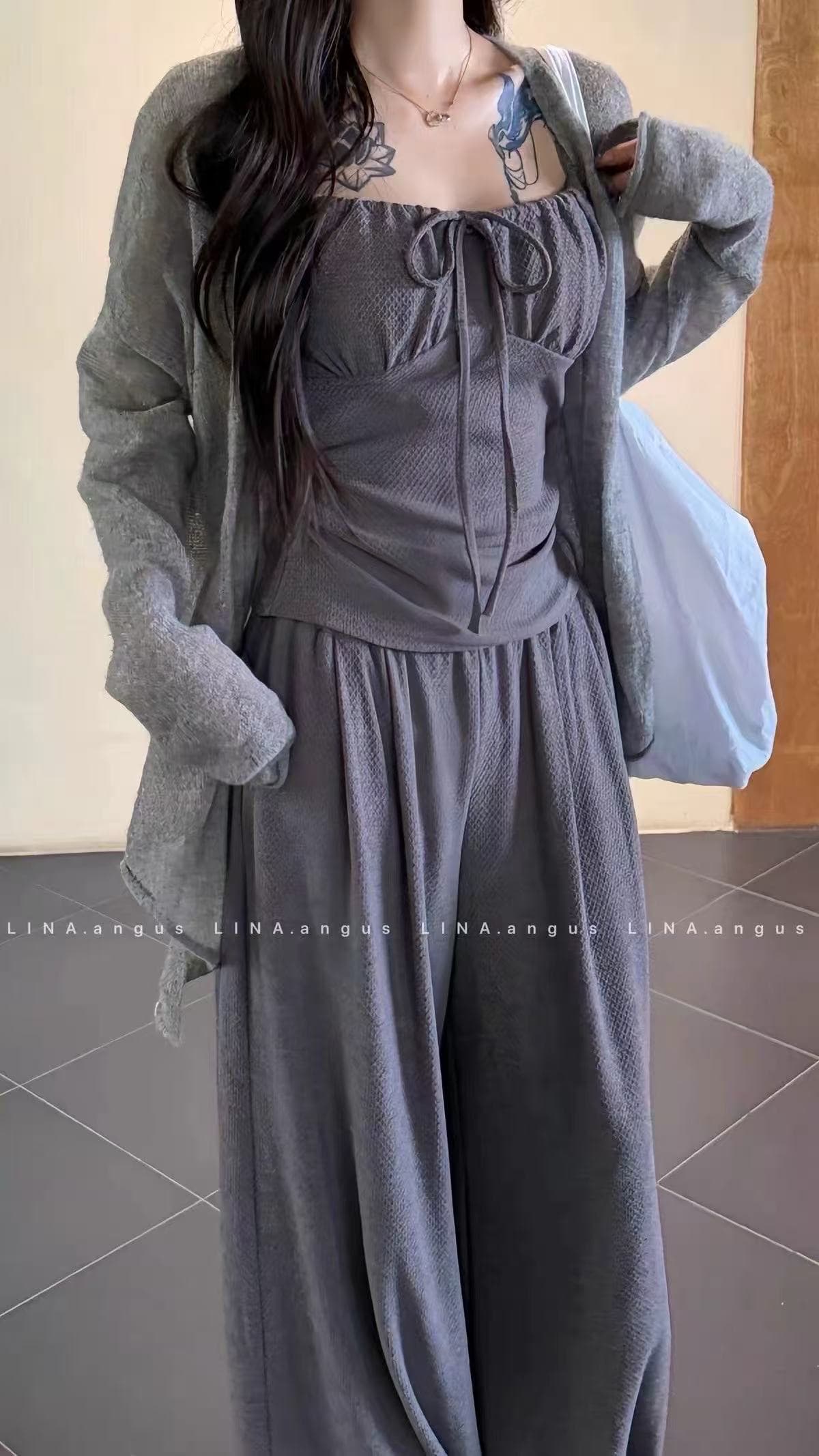 새로운 한국 스타일 순수한 욕망 바람이 아닙니다. 규칙 오픈 가디건 센스 주름 슬립 밴딩 ~ 중 와이드 레그 팬츠 3 세트 상세 이미지 2