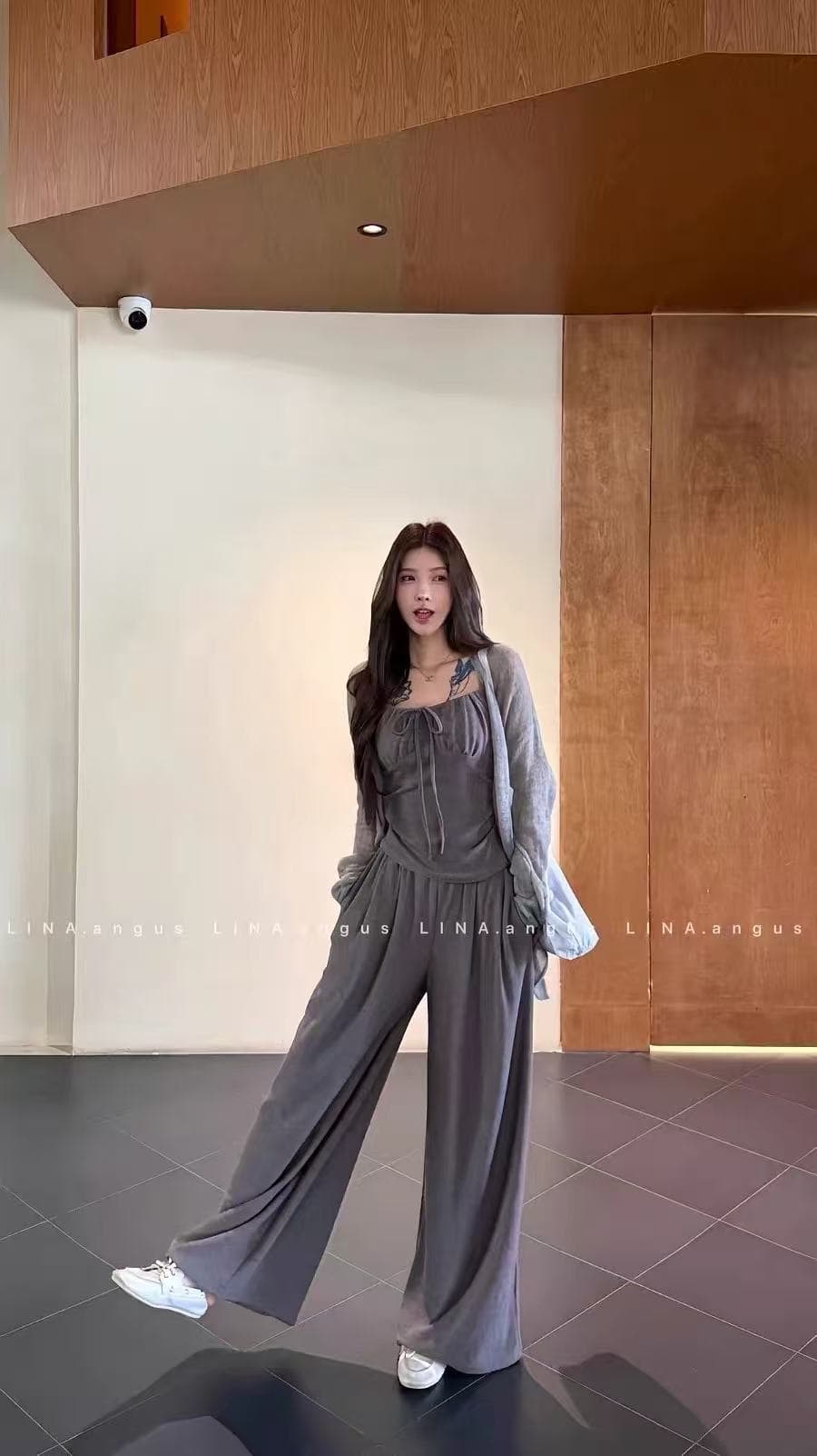 새로운 한국 스타일 순수한 욕망 바람이 아닙니다. 규칙 오픈 가디건 센스 주름 슬립 밴딩 ~ 중 와이드 레그 팬츠 3 세트 상세 이미지 3