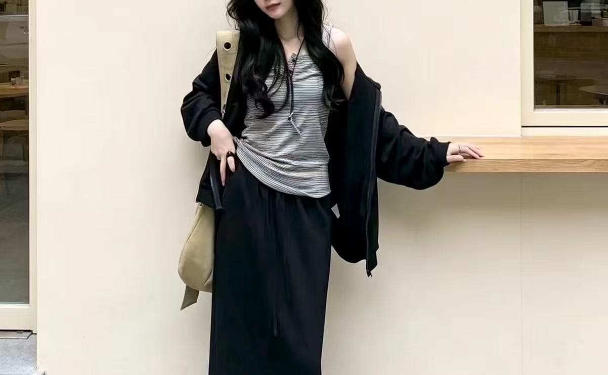 새로운 한국 스타일 패션 캐주얼 후드 재킷 스트라이프 슬립 허리밴드 반신 스커트 3종 세트 상세 이미지 1