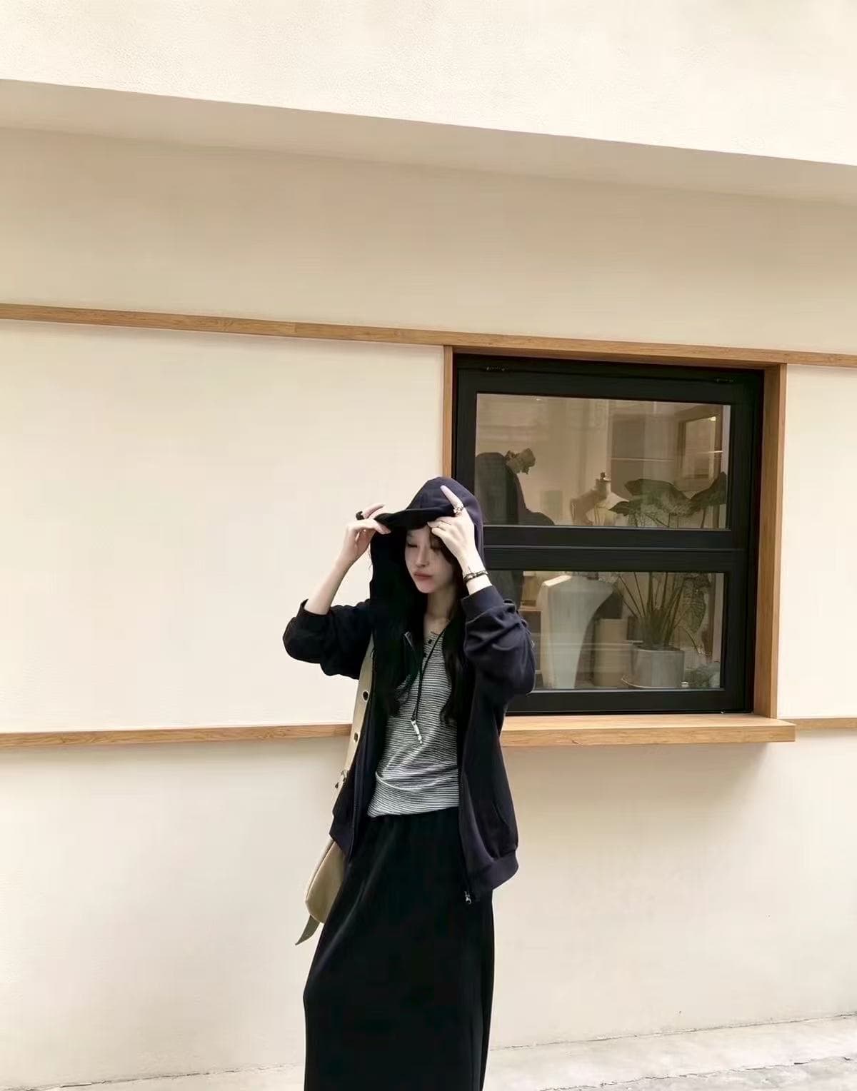 새로운 한국 스타일 패션 캐주얼 후드 재킷 스트라이프 슬립 허리밴드 반신 스커트 3종 세트 상세 이미지 2