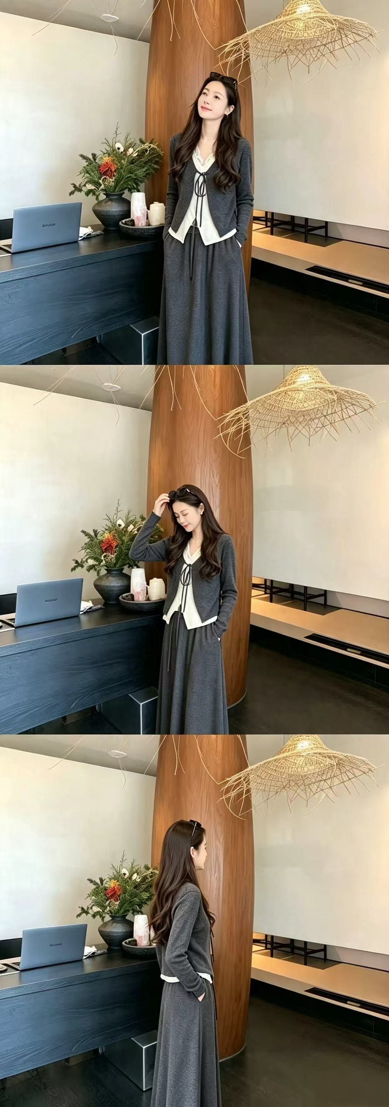 새로운 달콤함 분위기 센스 레이스 조각 페이크 레이어드 레이스업 작은 셔츠 허리밴드 반신 치마 세트 이미지 4