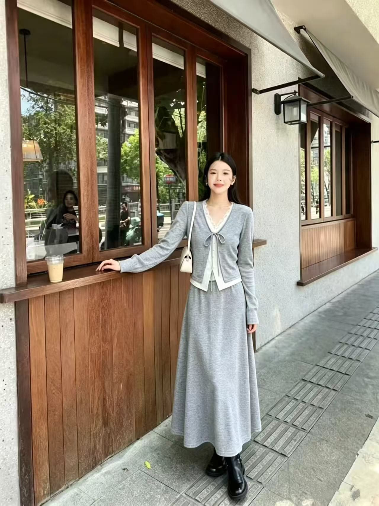새로운 달콤함 분위기 센스 레이스 조각 페이크 레이어드 레이스업 작은 셔츠 허리밴드 반신 치마 세트 상세 이미지 1