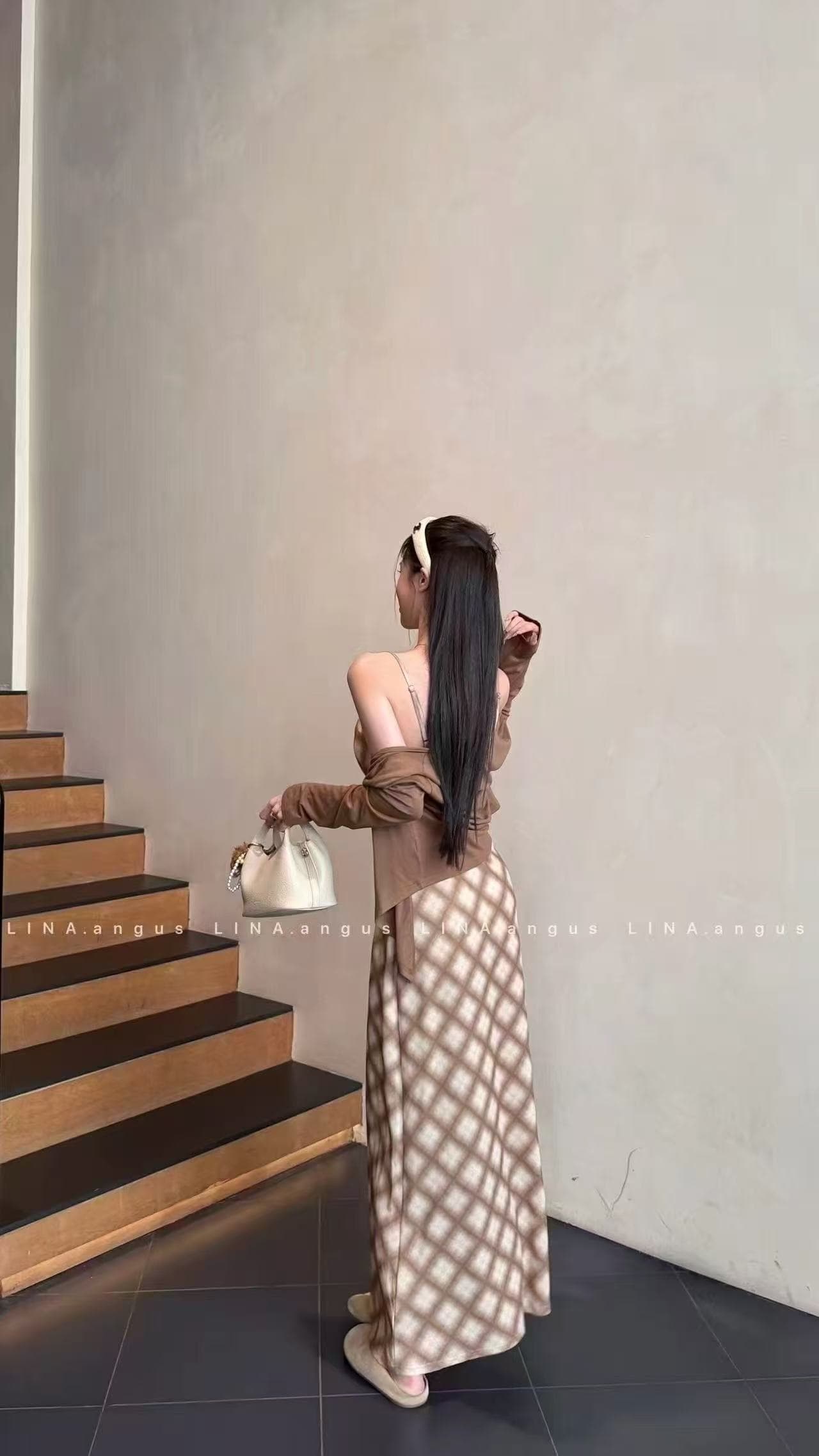 새로운 한국 스타일 패션 디자인 센스 펌프 로프 스트랩 체크무늬 드레스 외부 피 투피스 세트 이미지 5