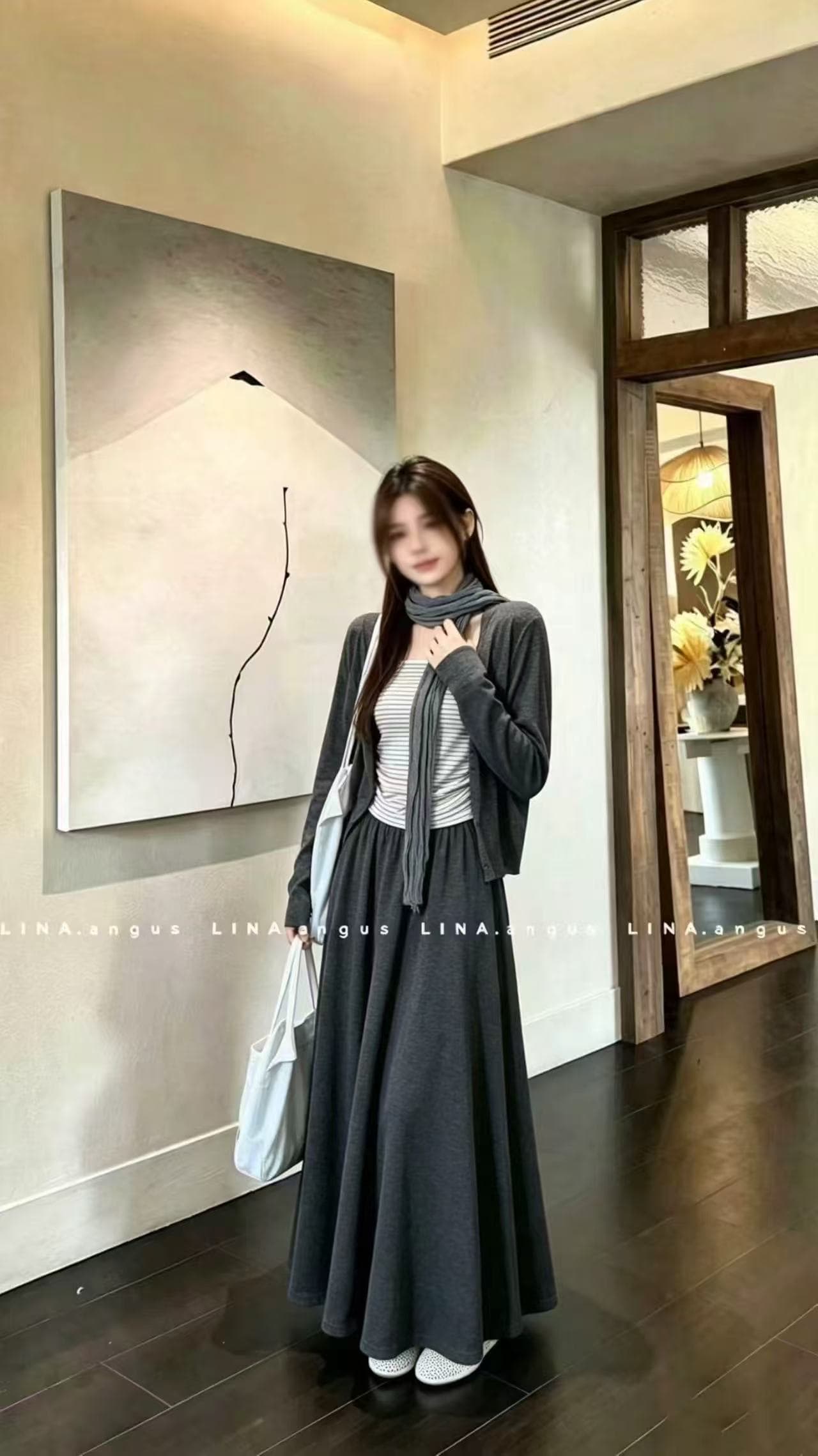 새로운 한국 스타일 패션 품격 오픈 가디건 스트라이프 조끼 허리밴드 반신 스커트 스카프 4 세트 이미지 2