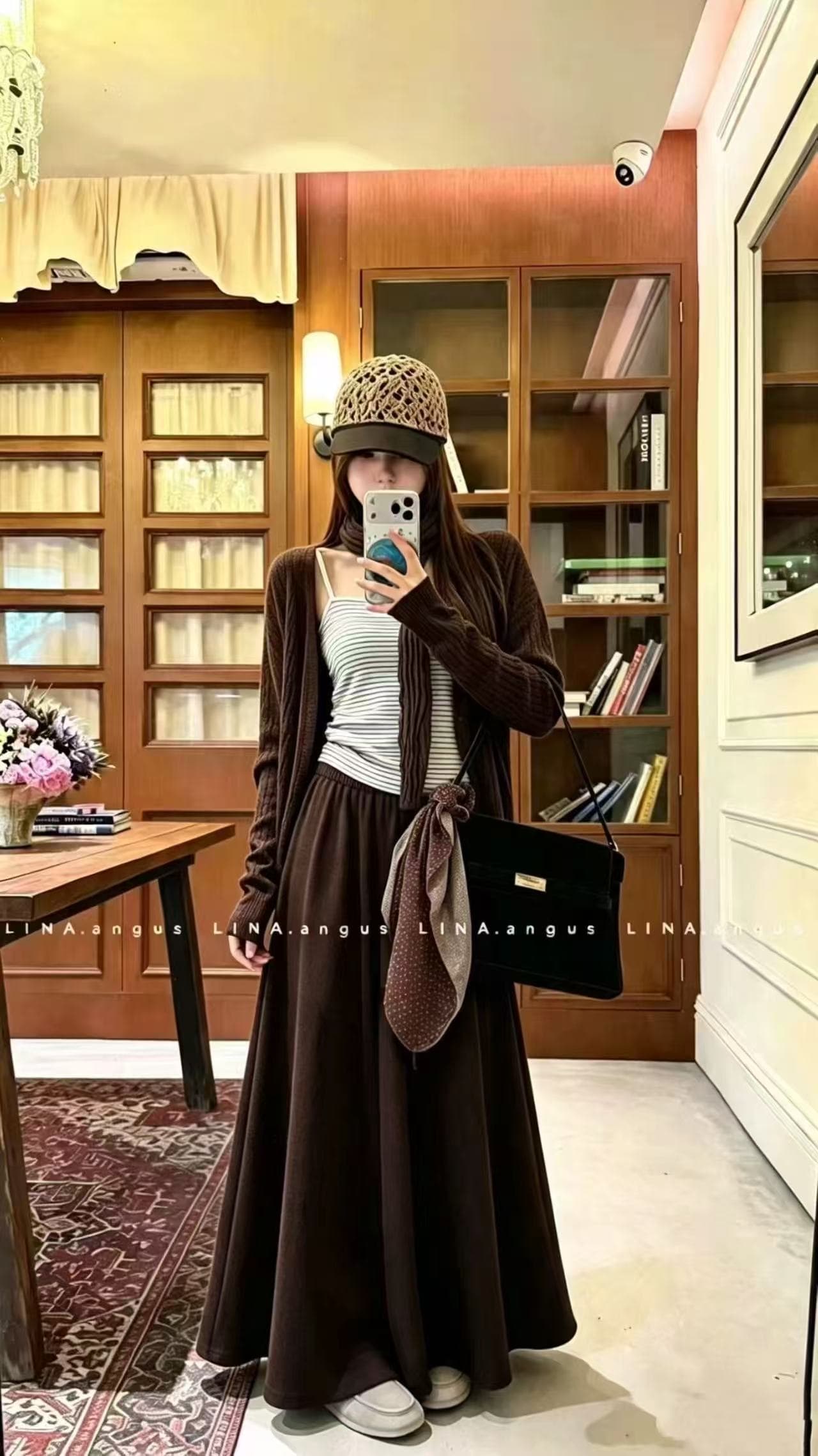 새로운 한국 스타일 패션 품격 오픈 가디건 스트라이프 조끼 허리밴드 반신 스커트 스카프 4 세트 상세 이미지 4