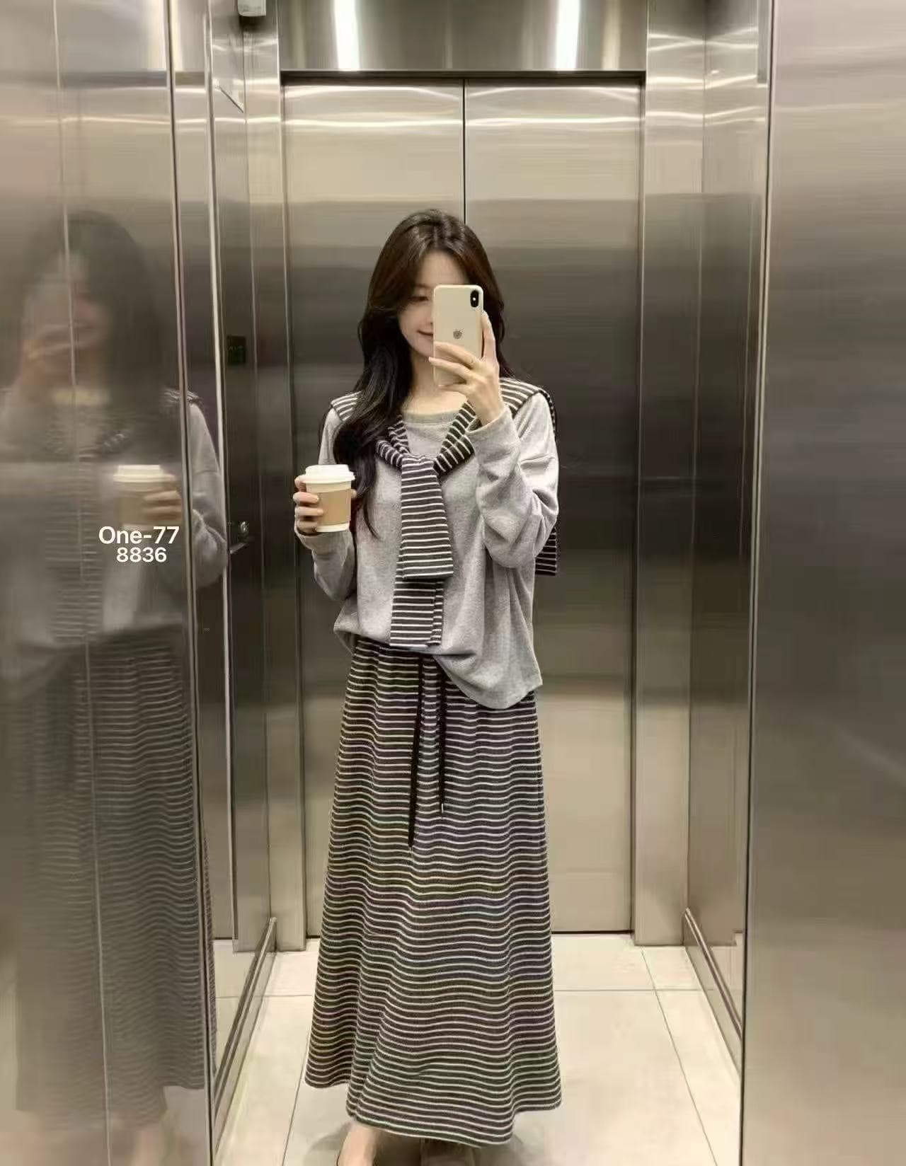 새로운 한국 스타일 패션 캐주얼 라운드 넥 맨위 허리밴드 스트라이프 반신 스커트 숄 3종 세트 상세 이미지 4