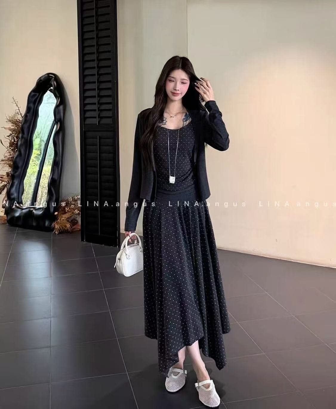 새로운 한국 스타일 도트 무늬 긴팔 오픈 가디건 캐미솔 허리밴드 불규칙 반신 스커트 3종 세트 이미지 4