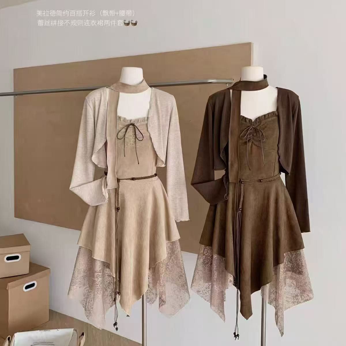 새로운 핫걸 디자인 센스 레트로 행침 목 패치워크 불규칙 드레스 오픈 가디건 벨트 4 세트 상세 이미지 7