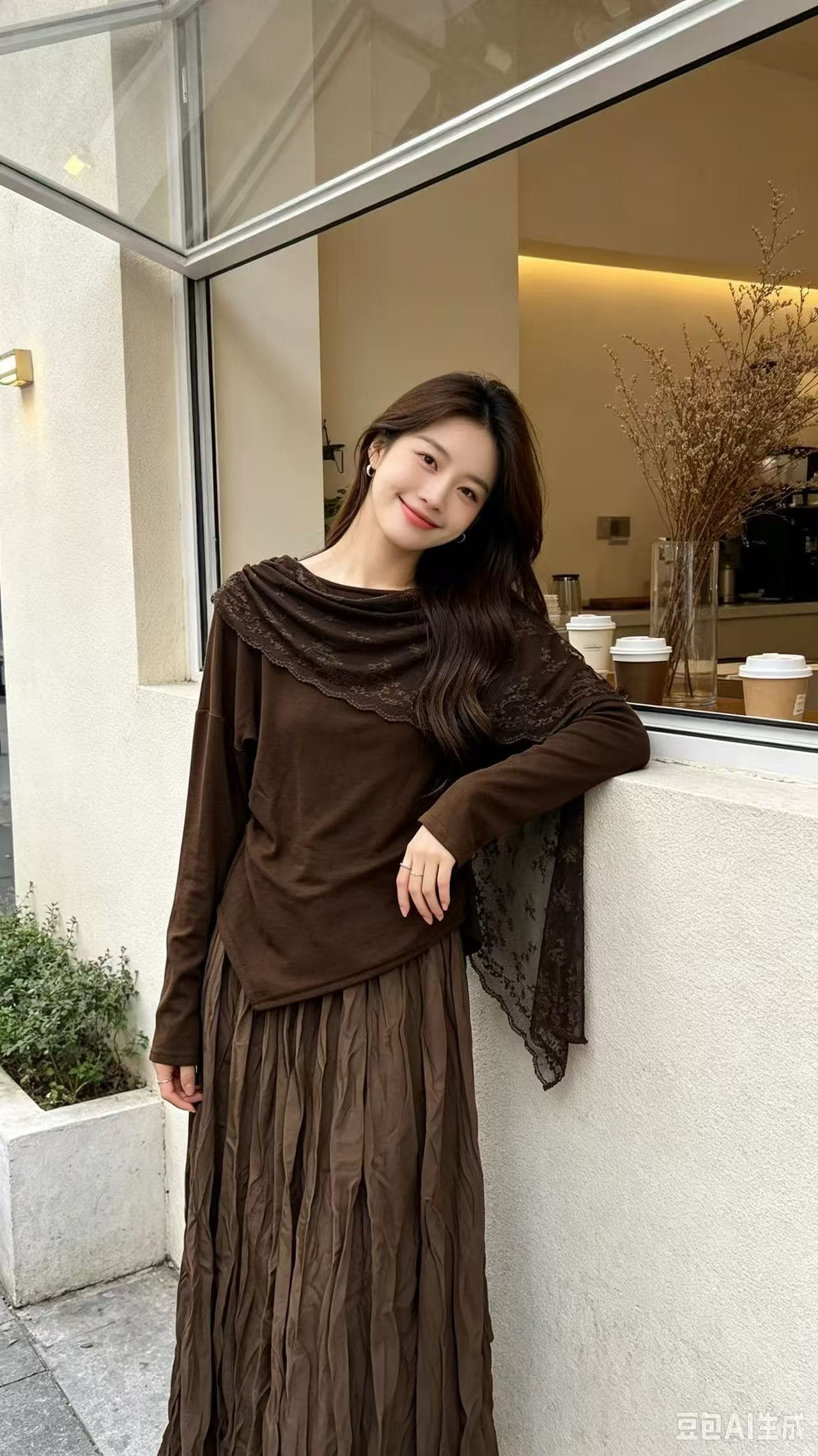 새로운 프랑스식 품격 비스듬한 칼라 오프숄더 레이스 조각 허리 수축 맨위 허리밴드 반신 치마 세트 상세 이미지 7