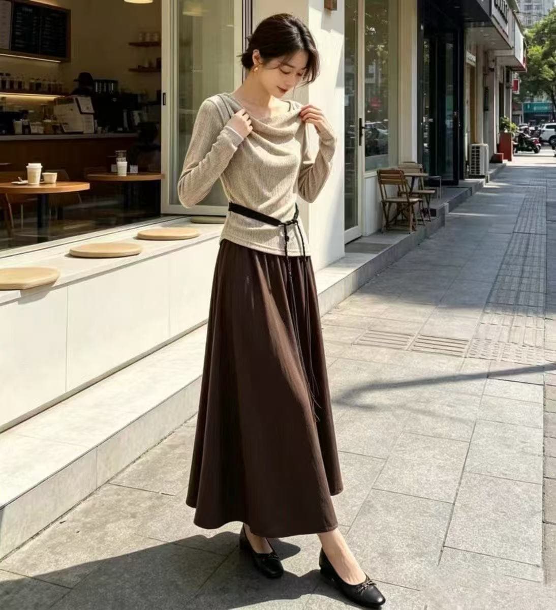 새로운 패션 빛 요리 한 우아함 바람 흔들다 칼라 허리 수축 맨위 허리밴드 반신 스커트 벨트 3 세트 상세 이미지 1