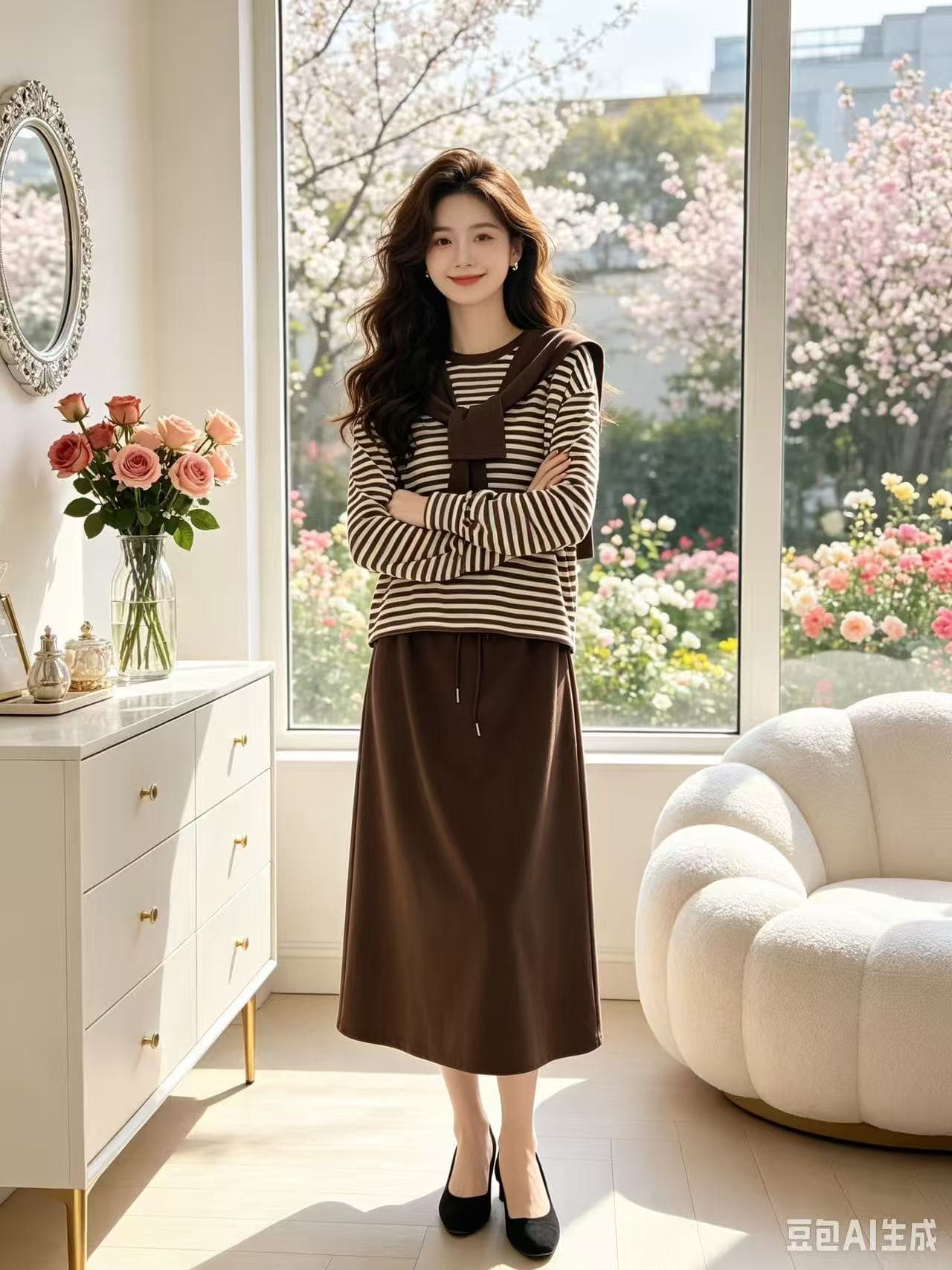 새로운 한국 스타일 패션 휴식 센스 스트라이프 긴팔 맨위 허리밴드 반신 스커트 숄 3 세트 이미지 2