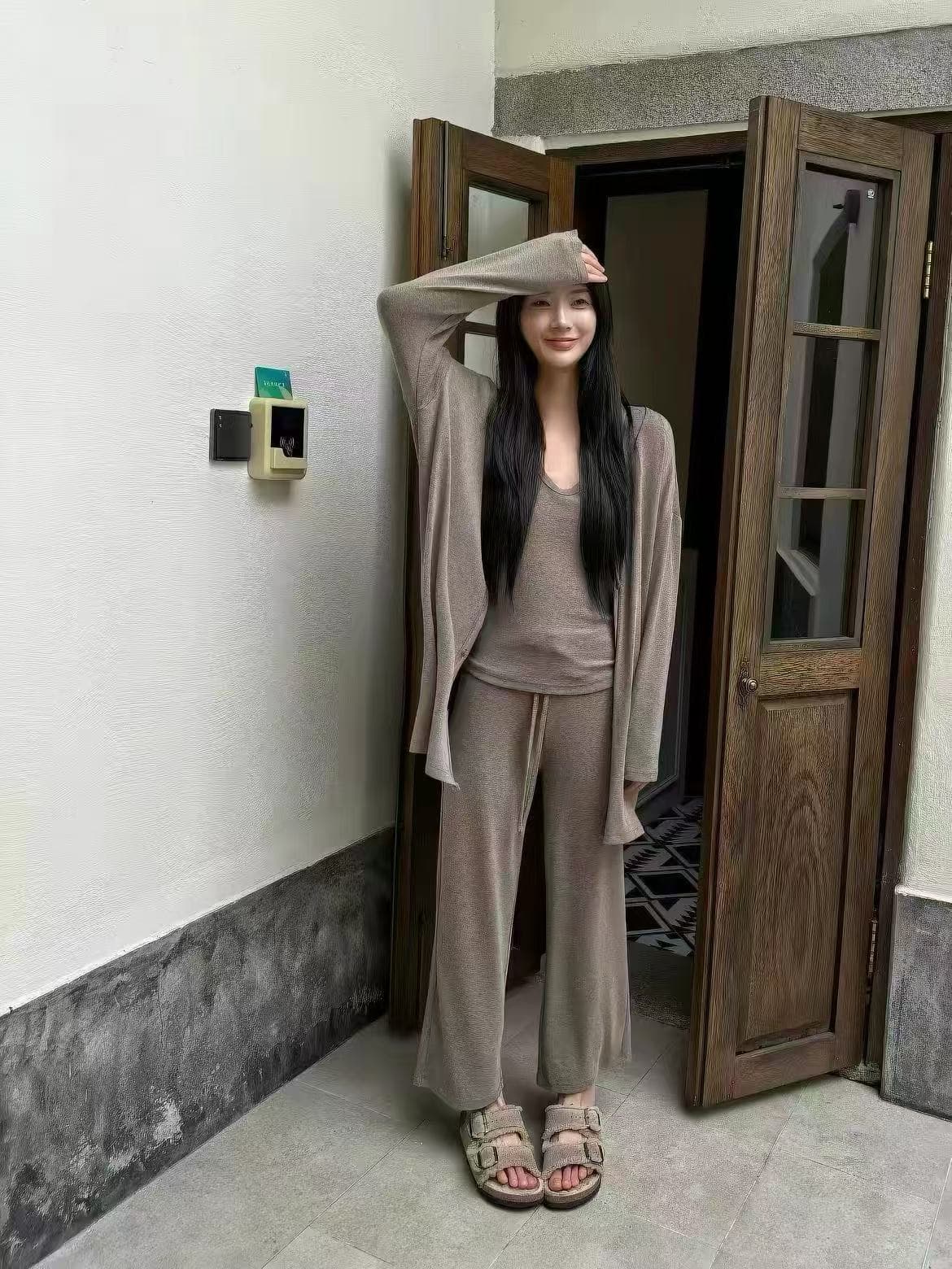 새로운 프랑스식 패션 부드러운 긴팔 품격 오픈 가디건 조끼 허리밴드 9부 바지 3 세트 이미지 5