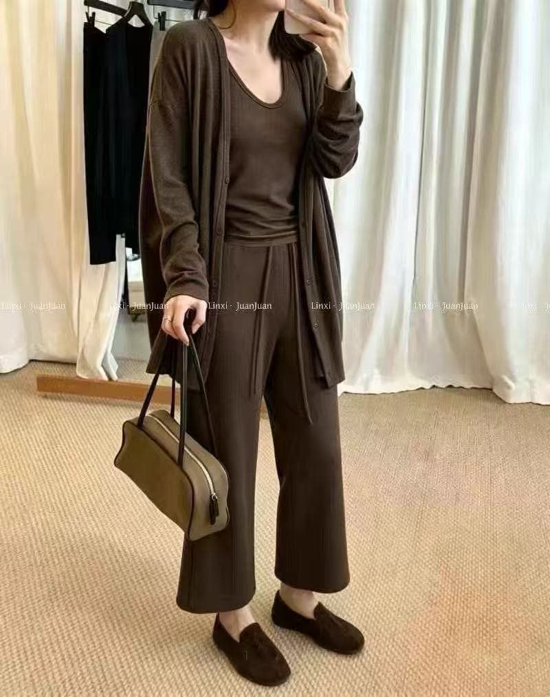 새로운 프랑스식 패션 부드러운 긴팔 품격 오픈 가디건 조끼 허리밴드 9부 바지 3 세트 상세 이미지 4