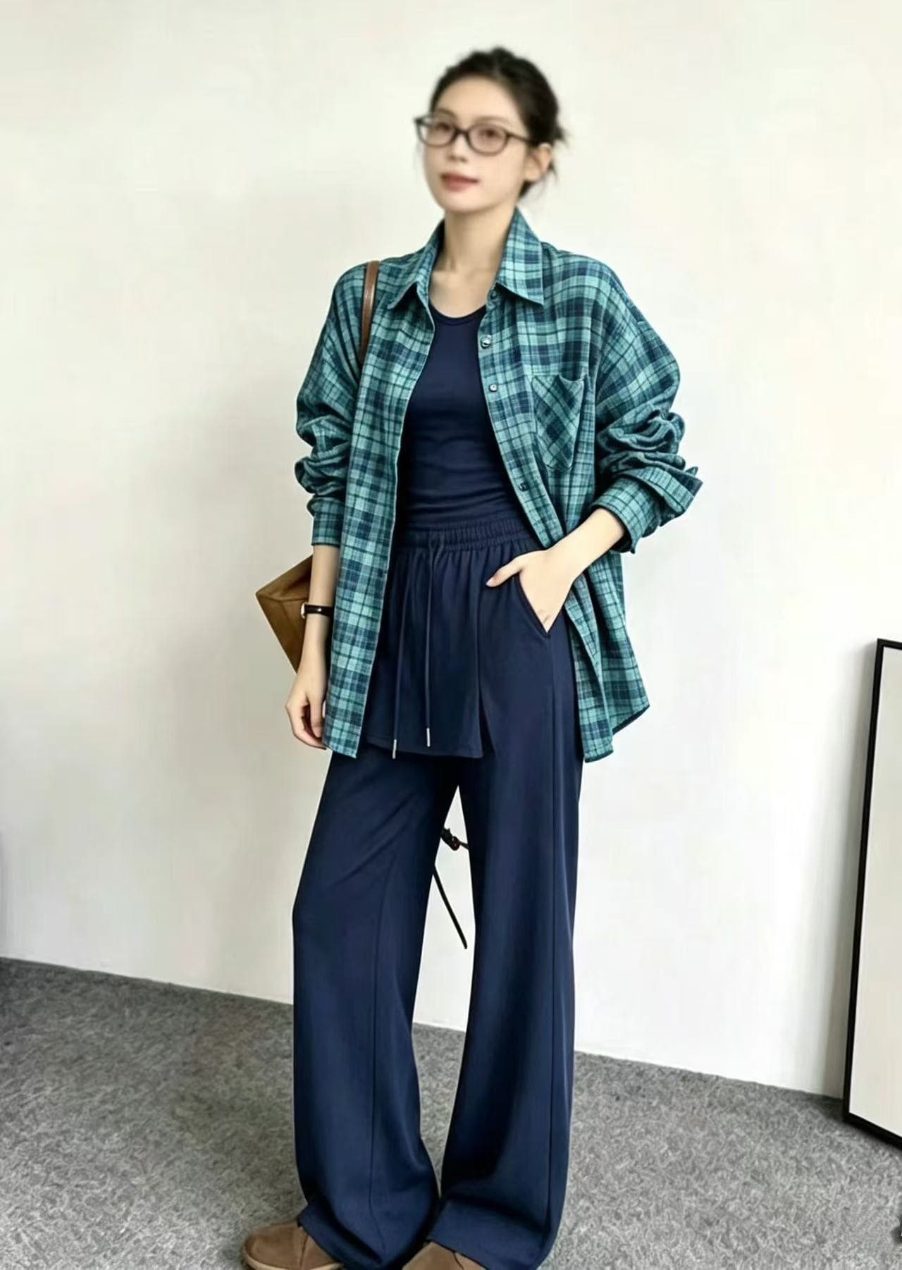 새로운 루즈핏 중간 길이 체크무늬 셔츠 조끼 슬립 허리밴드 방귀 커튼 캐주얼 바지 3 세트 상세 이미지 4