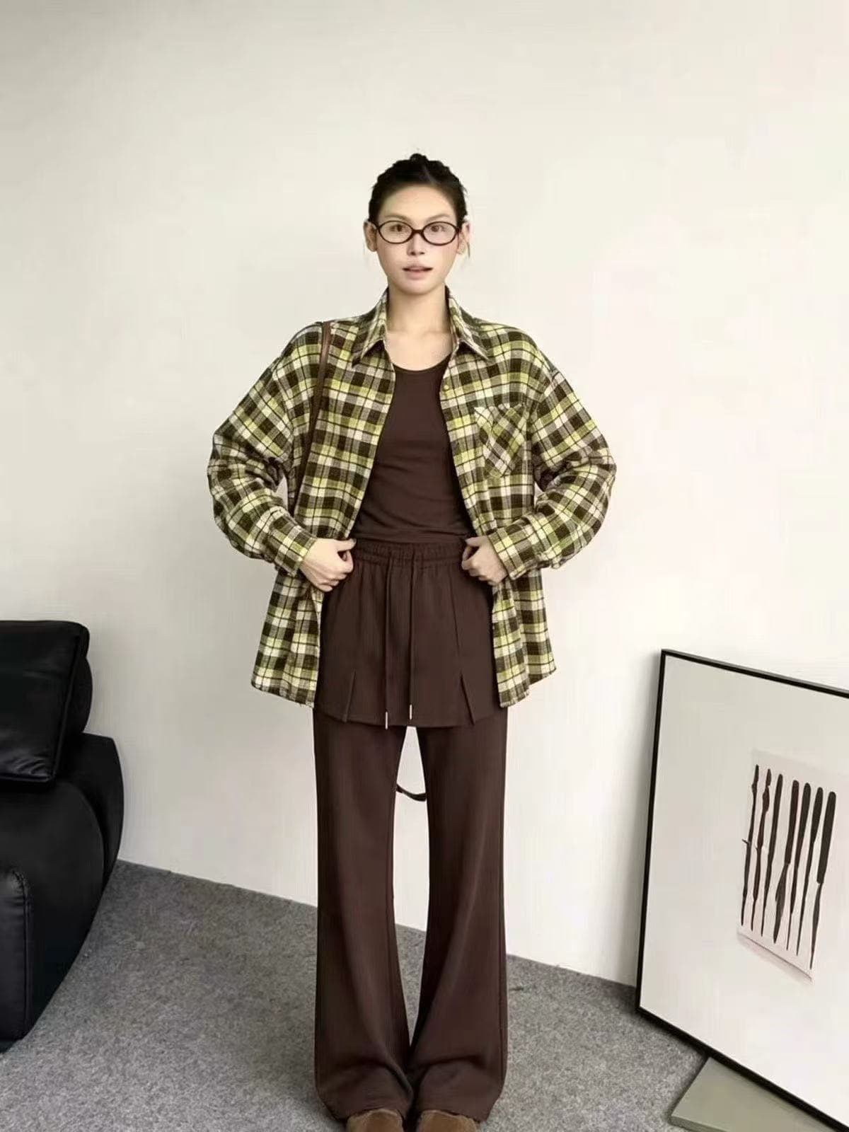 새로운 루즈핏 중간 길이 체크무늬 셔츠 조끼 슬립 허리밴드 방귀 커튼 캐주얼 바지 3 세트 상세 이미지 6