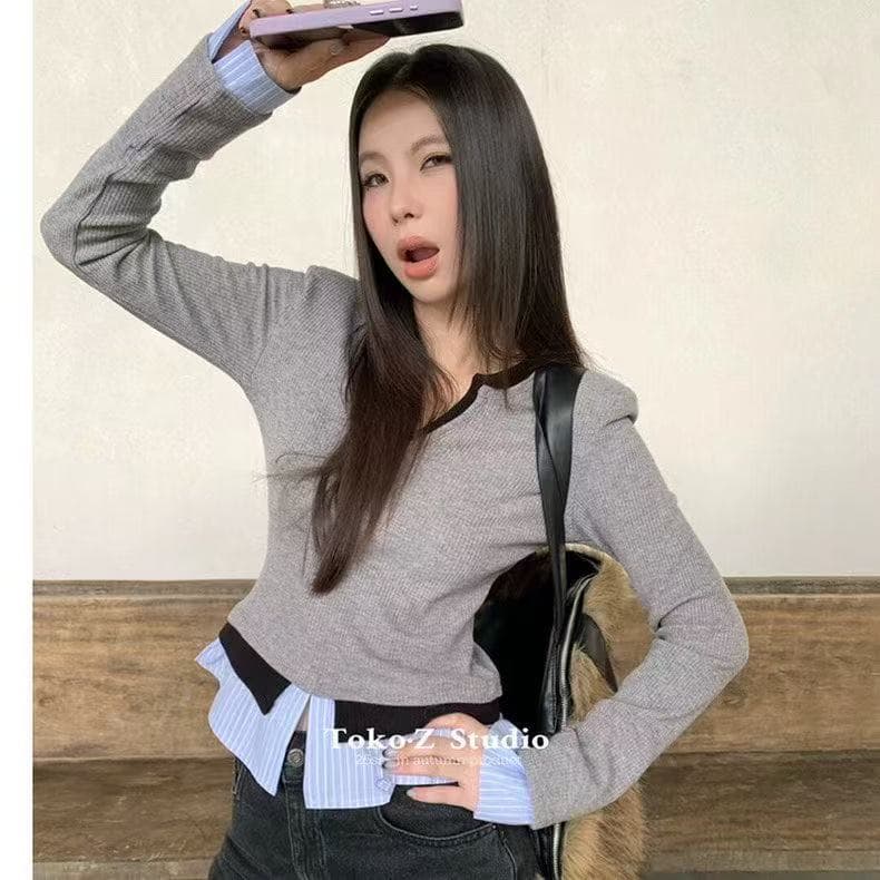 새로운 한국 스타일 패션 몸매 가꾸기 핫걸 배색 패치워크 페이크 레이어드 V넥 긴팔 맨위 상세 이미지 1