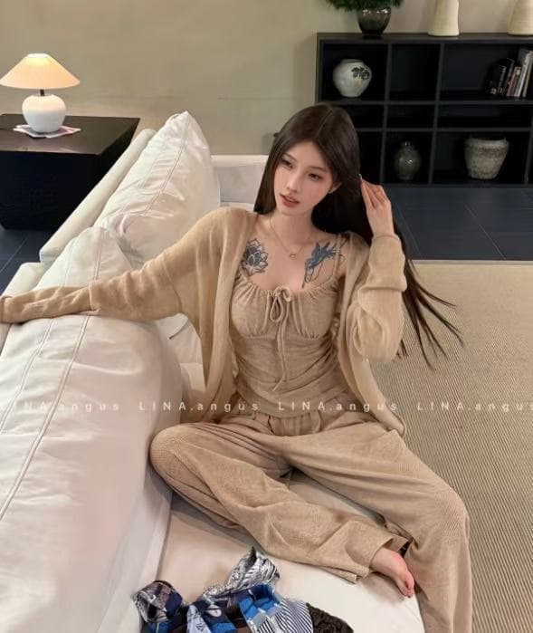 새로운 한국 스타일 순수한 욕망 바람이 아닙니다. 규칙 오픈 가디건 센스 주름 슬립 밴딩 ~ 중 와이드 레그 팬츠 3 세트 상세 이미지 1