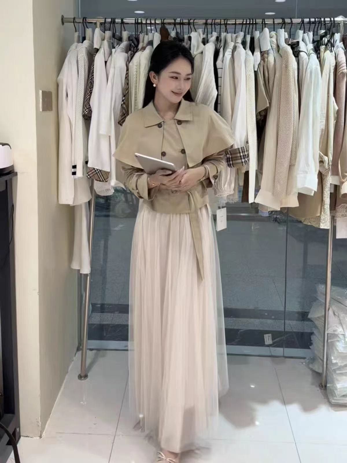 새로운 천 금빛 바람 이중 버튼 레이스업 허리 수축 품격 망토 재킷 허리밴드 망사 반신 치마 세트 상세 이미지 1