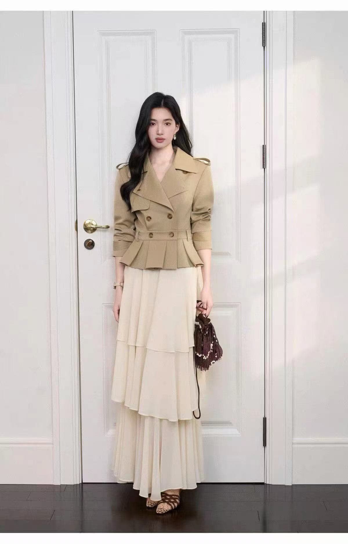 새로운 고급 센스 빛 럭셔리 명문 여성 바람 슬림해 보이는 허리 수축 재킷 재킷 허리밴드 케이크 치마 세트 이미지 3