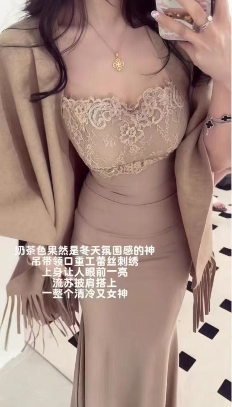 새로운 부드러운 착용 가져 가라. 품격 몸매 가꾸기 슬림해 보이는 레이스 조각 슬립 드레스 술 숄 투피스 세트 이미지 5