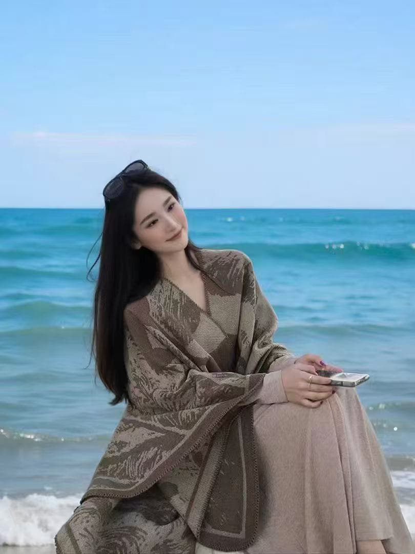 새로운 한국 스타일 패션 품격 고급 센스 몸매 가꾸기 드레스 잉크 페인팅 숄 투피스 세트 이미지 2