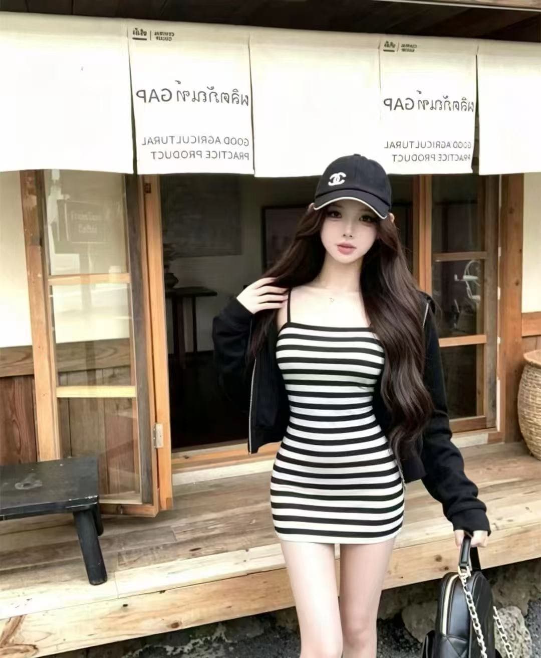 새로운 한국 스타일 패션 캐주얼 오픈 가디건 순수한 욕망 바람 핫걸 스트라이프 니트 드레스 투피스 세트 상세 이미지 2