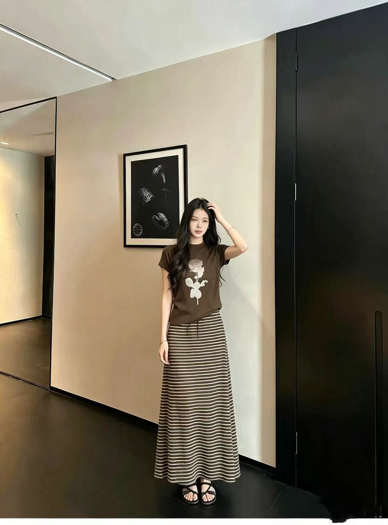 새로운 몸매 가꾸기 핫걸 바람 세련된 숙녀 식물 프린트 맨위 허리밴드 스트라이프 반신 치마 세트 상세 이미지 2