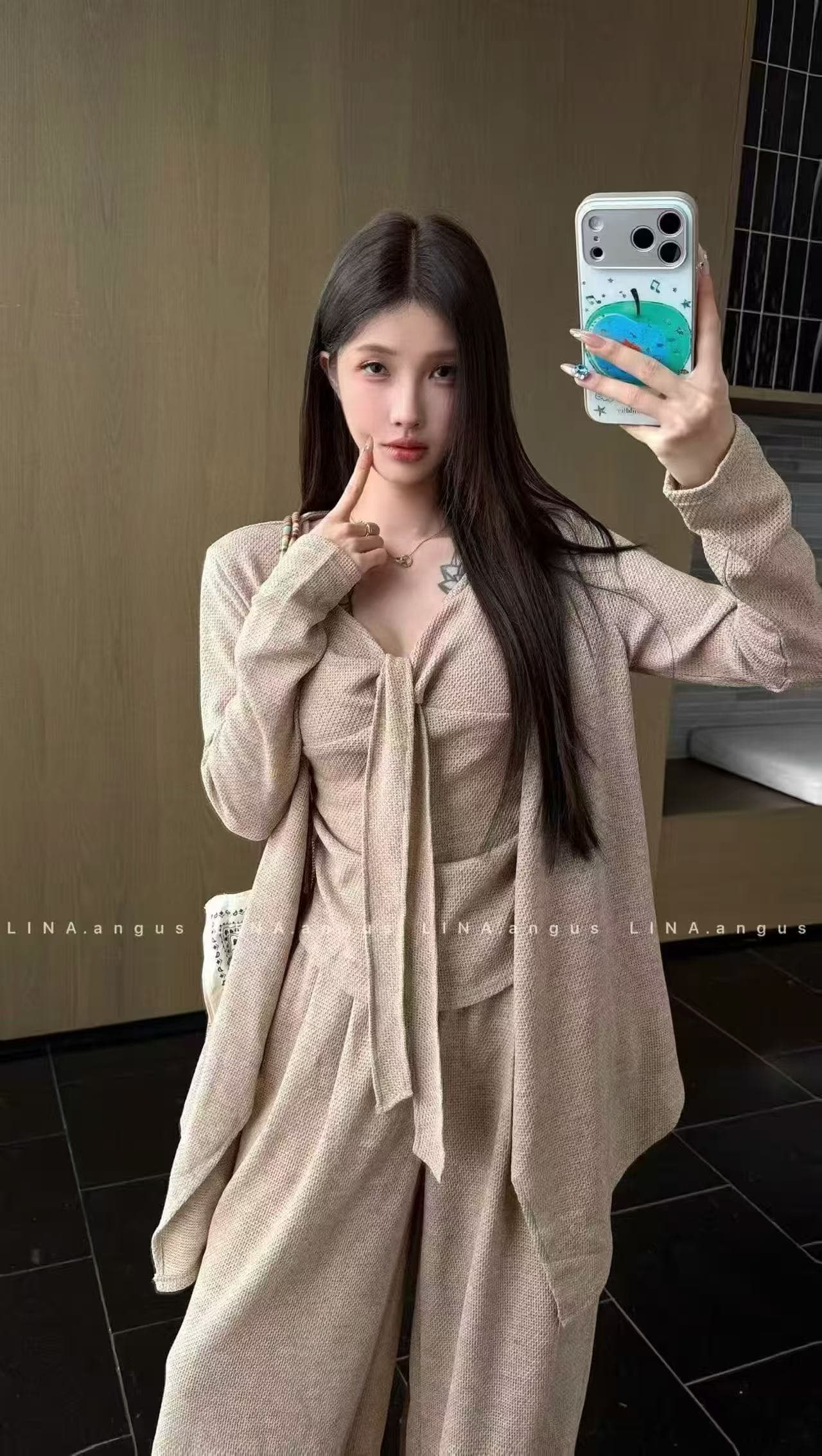 새로운 패션 슬림해 보이는 미니멀리즘 품격 불규칙 오픈 가디건 슬립 허리밴드 캐주얼 바지 3종 세트 상세 이미지 2