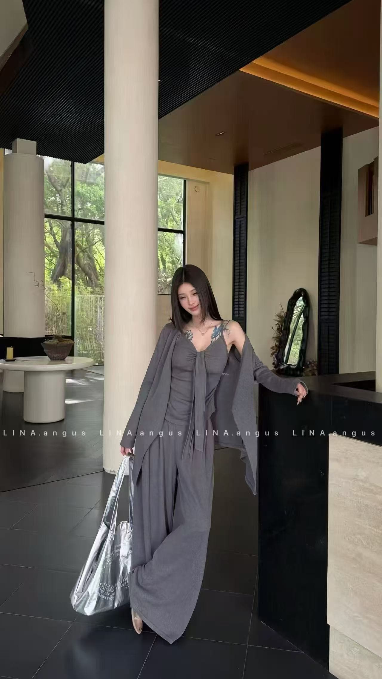 새로운 패션 슬림해 보이는 미니멀리즘 품격 불규칙 오픈 가디건 슬립 허리밴드 캐주얼 바지 3종 세트 상세 이미지 5