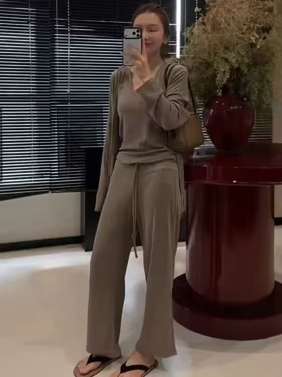 새로운 프랑스식 패션 부드러운 긴팔 품격 오픈 가디건 조끼 허리밴드 9부 바지 3 세트 상세 이미지 2