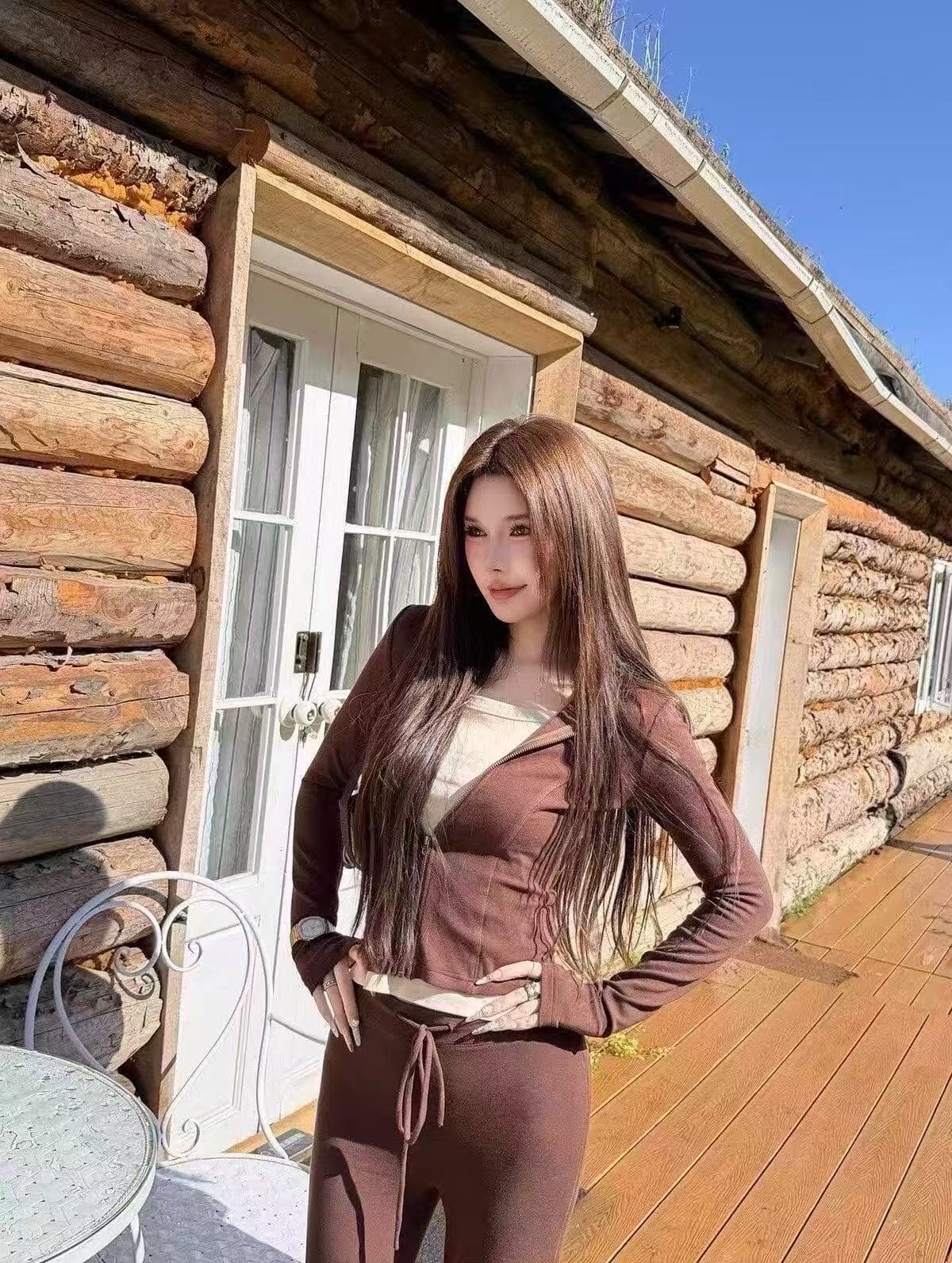새로운 품격 고급 센스 후드 오픈 가디건 허리 수축 슬립 허리밴드 부츠컷 캐주얼 바지 3종 세트 상세 이미지 3