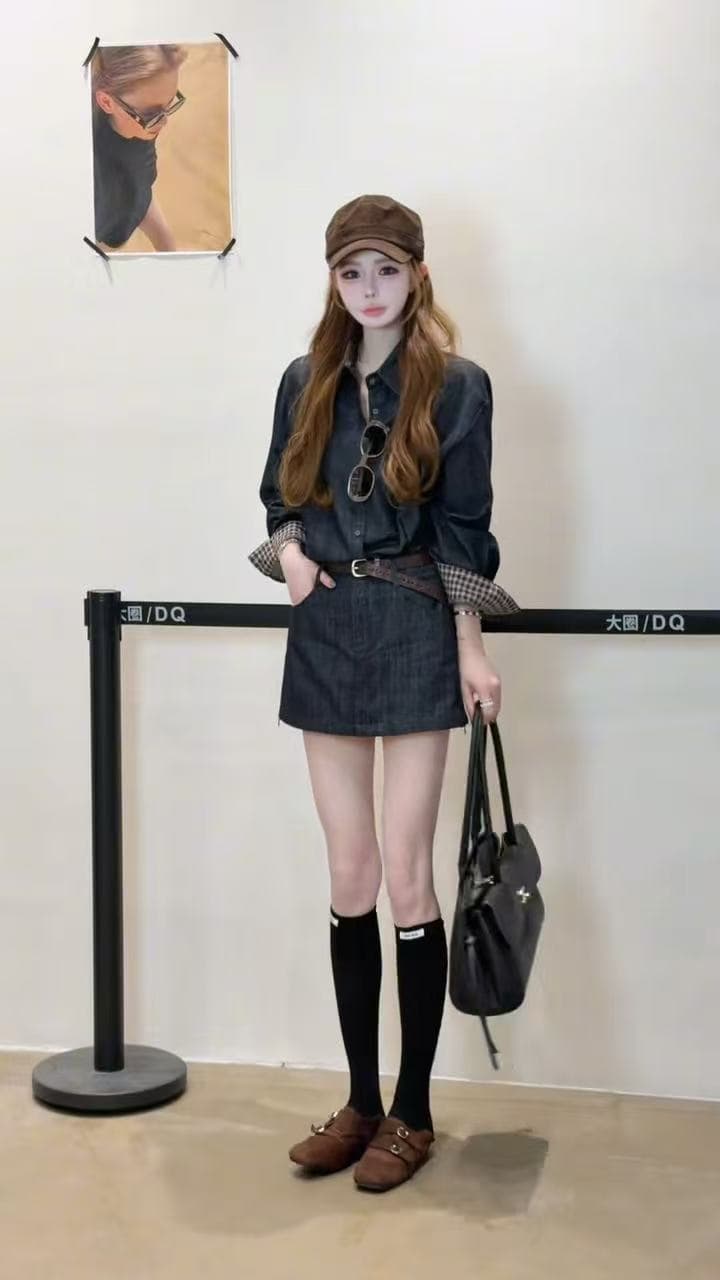 새로운 추천 주간 실크 아마 데님 허리 수축 긴팔 셔츠 하이웨이스트 치마바지 벨트 3 세트 이미지 2