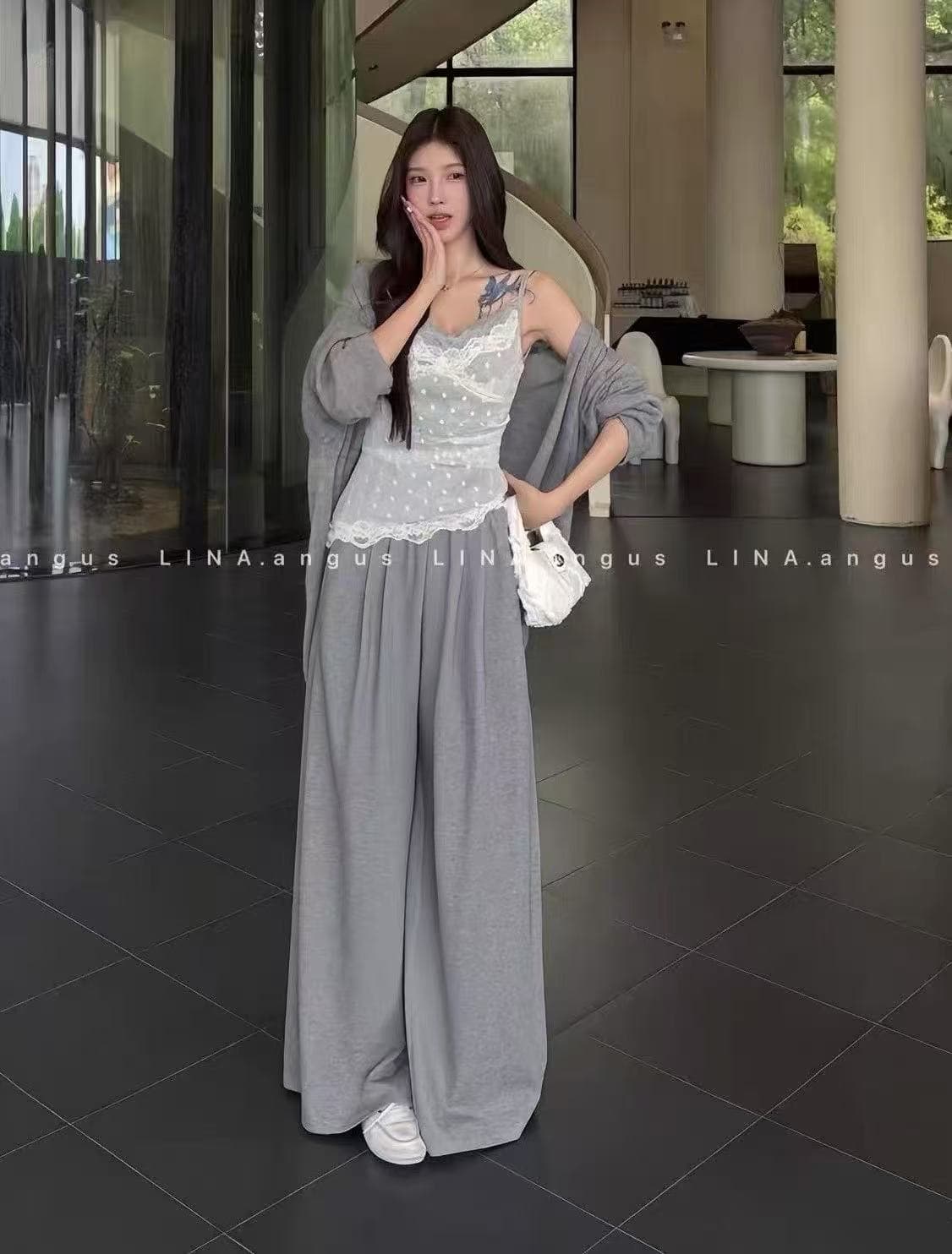 새로운 한국 스타일 패션 부드러운 슬림해 보이는 오픈 가디건 도트 무늬 레이스 슬립 하이웨이스트 와이드 레그 팬츠 3종 세트 이미지 5